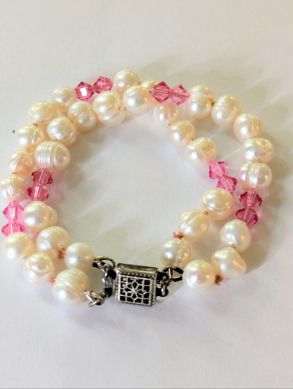 Freshwater Pearl and Pink Crystal Double-Strand Bracelet w/ Box Clasp